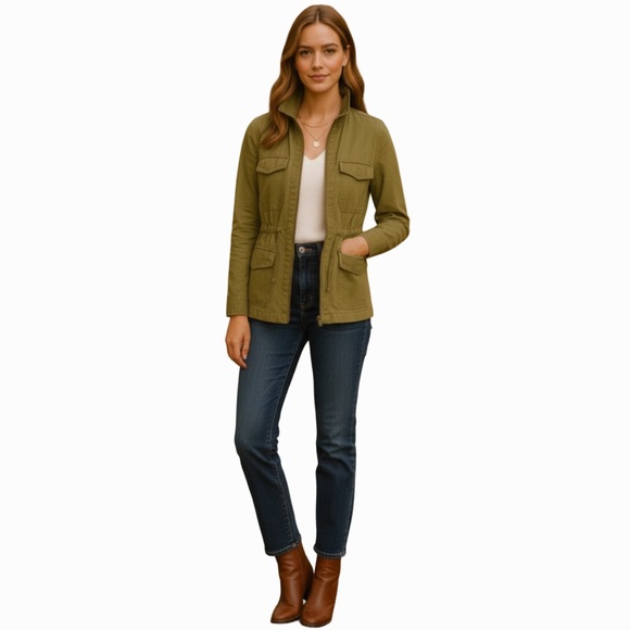J Crew Olive Green Twill Utility Jacket Cargo Pockets Drawstring Waist - Picture 7 of 7